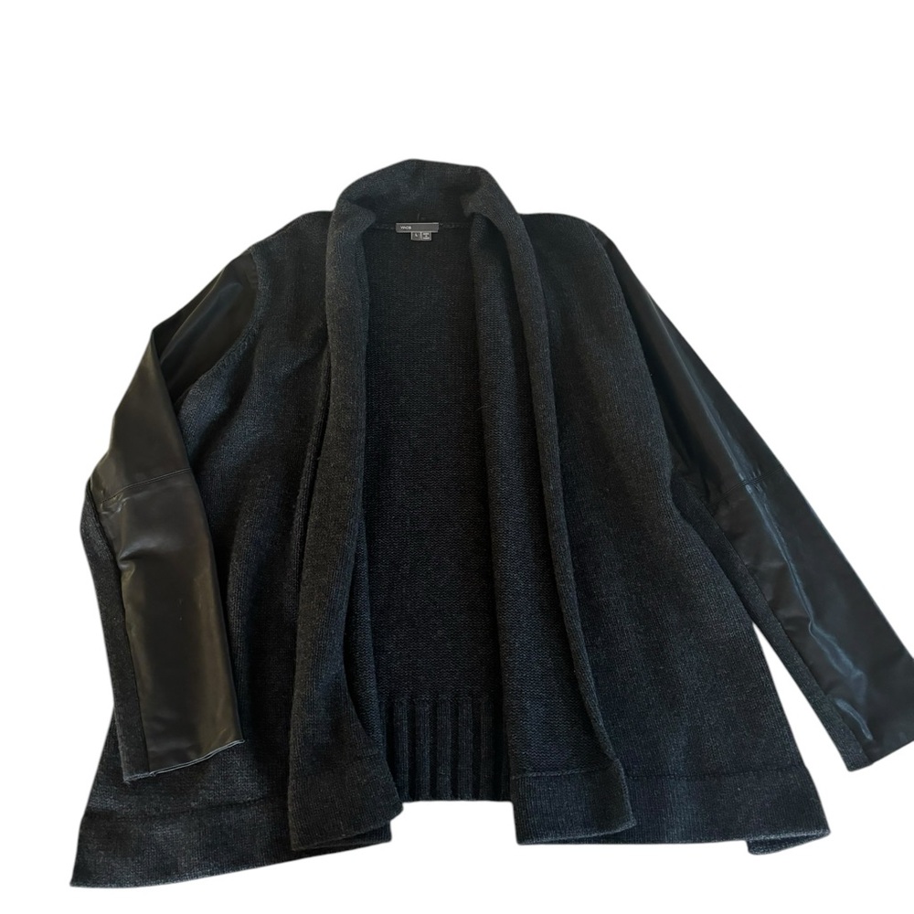 Gray Knit & Black Leather Vince Shawl Cardigan Sz Large - Picture 4 of 10